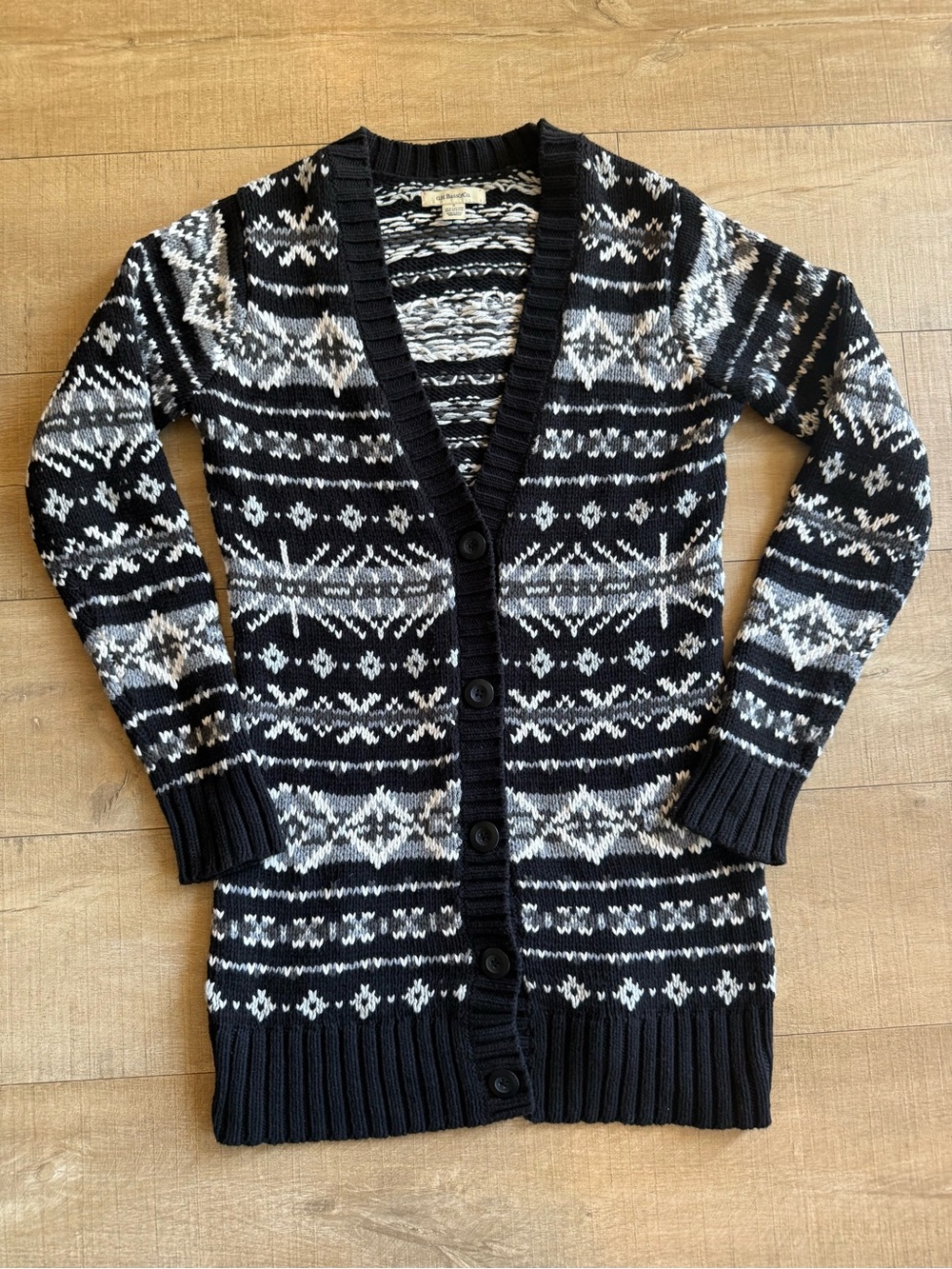 GH Bass Longline Fair Isle Knit Cardigan Sweater Small Black Grey White Winter